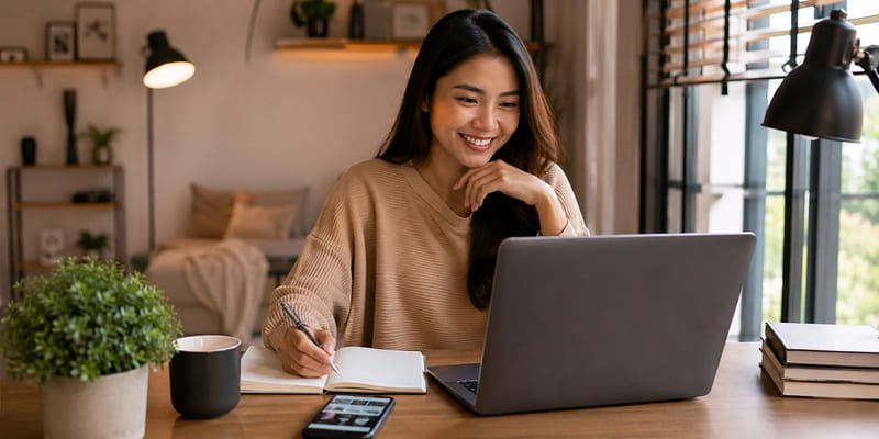 Wanita muda belajar digital marketing dari rumah menggunakan laptop